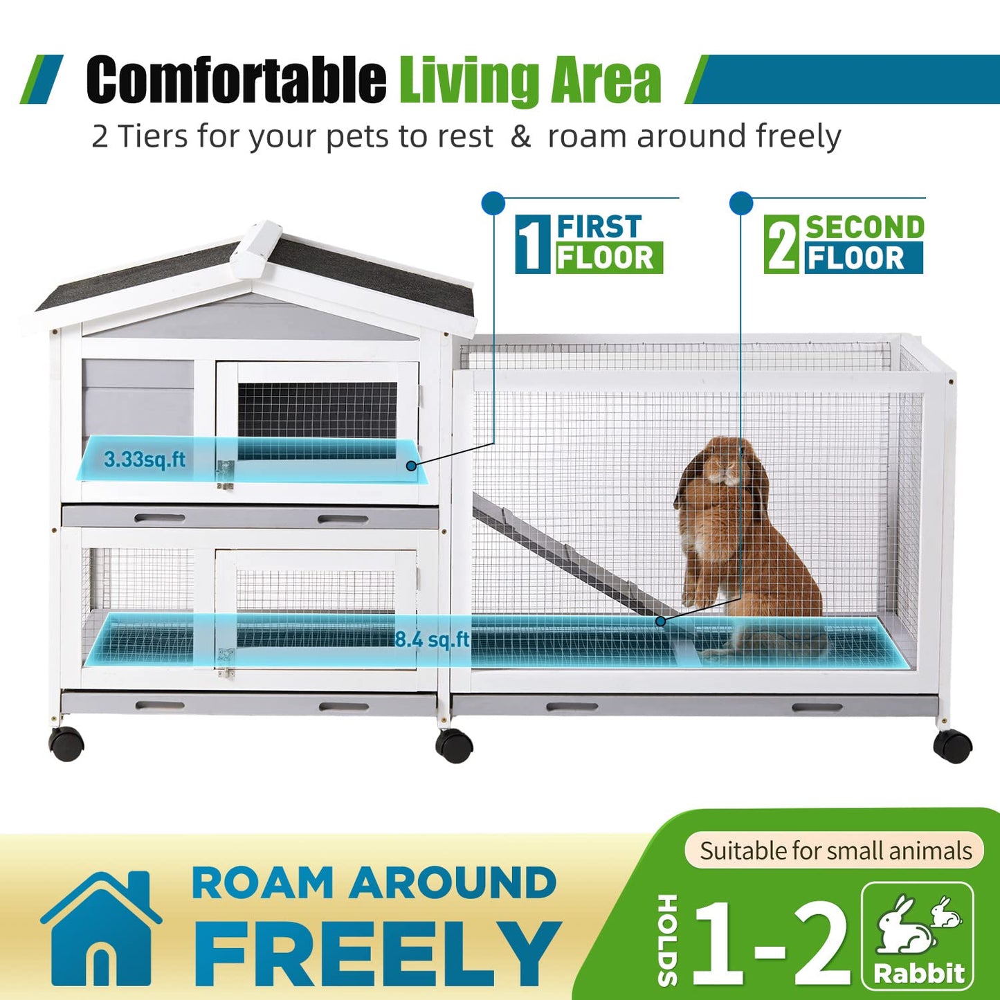 SZCY LLC Rabbit Hutch, Indoor Cage Outdoor Two Story Bunny with Asphalt Roof Guinea Pig with Removable No Leaking Tray, Ramp, Pet House for Small Animals