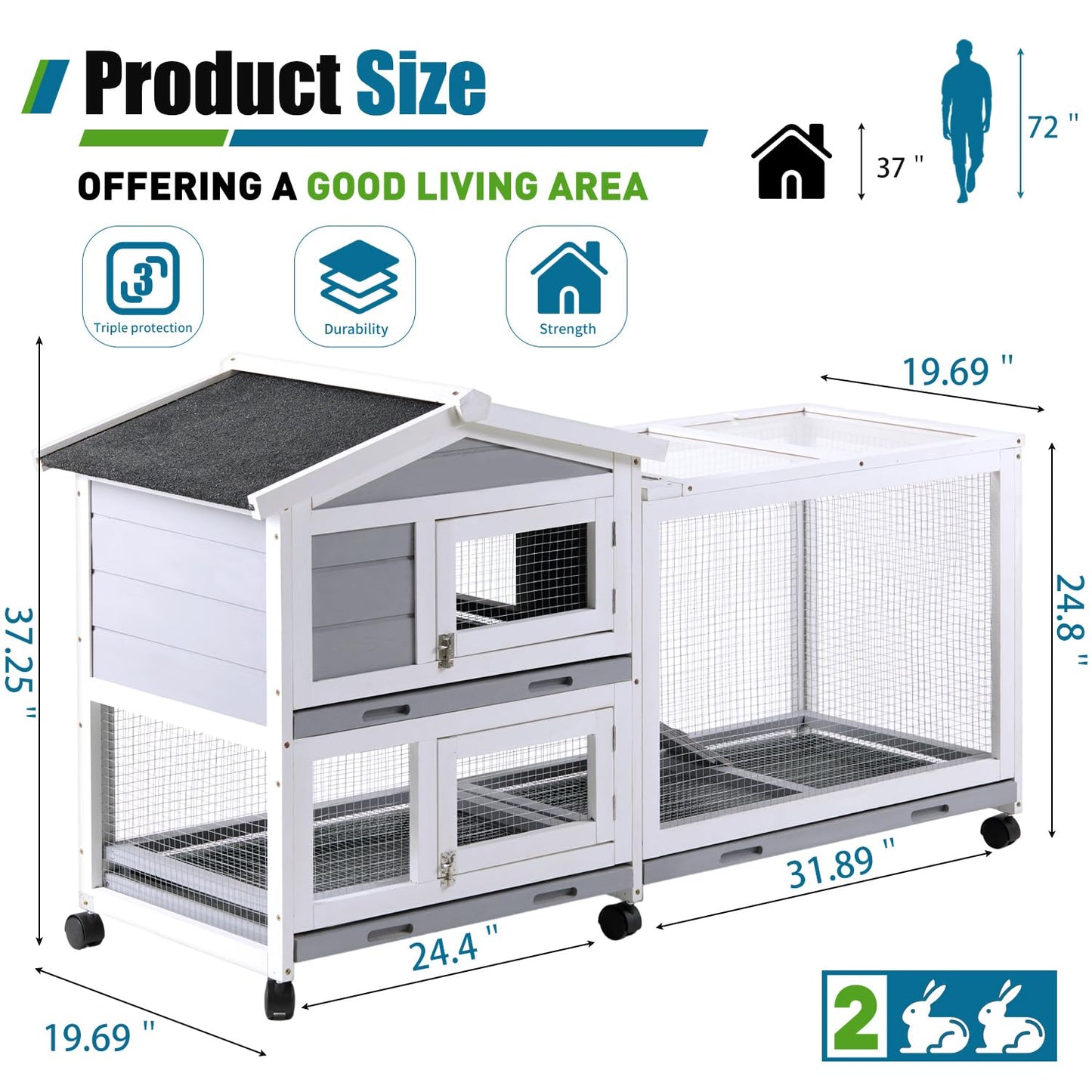 SZCY LLC Rabbit Hutch, Indoor Cage Outdoor Two Story Bunny with Asphalt Roof Guinea Pig with Removable No Leaking Tray, Ramp, Pet House for Small Animals