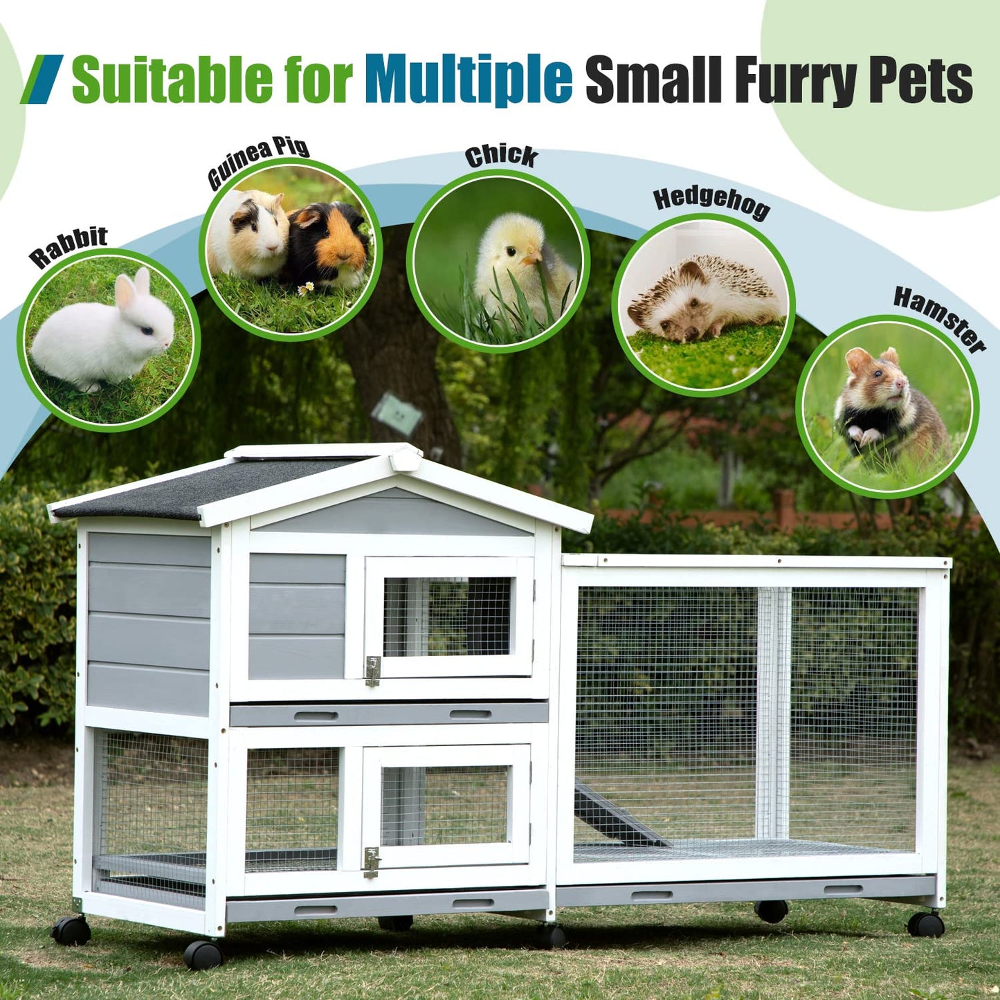 SZCY LLC Rabbit Hutch, Indoor Cage Outdoor Two Story Bunny with Asphalt Roof Guinea Pig with Removable No Leaking Tray, Ramp, Pet House for Small Animals