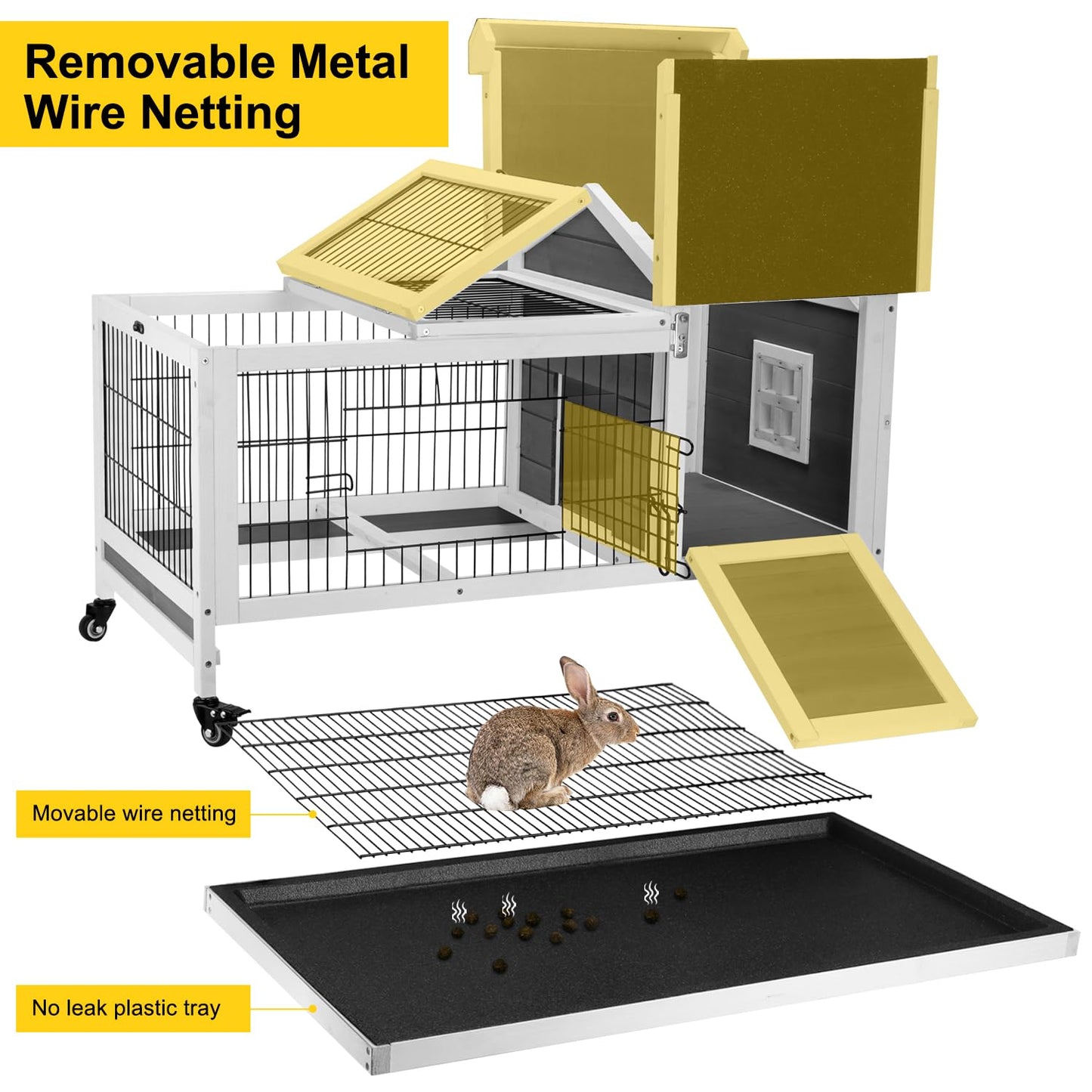 SZCY LLC  Rabbit Hutch, Rabbit Cage Outdoor Bunny Hutch with Ramp Indoor Rabbit House with a Deeper No Leak Trays Firwood Pet Cage for Rabbit, Guinea Pig, Ferret etc