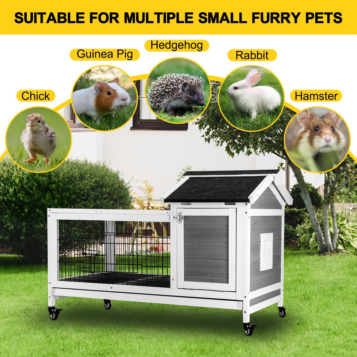 SZCY LLC  Rabbit Hutch, Rabbit Cage Outdoor Bunny Hutch with Ramp Indoor Rabbit House with a Deeper No Leak Trays Firwood Pet Cage for Rabbit, Guinea Pig, Ferret etc