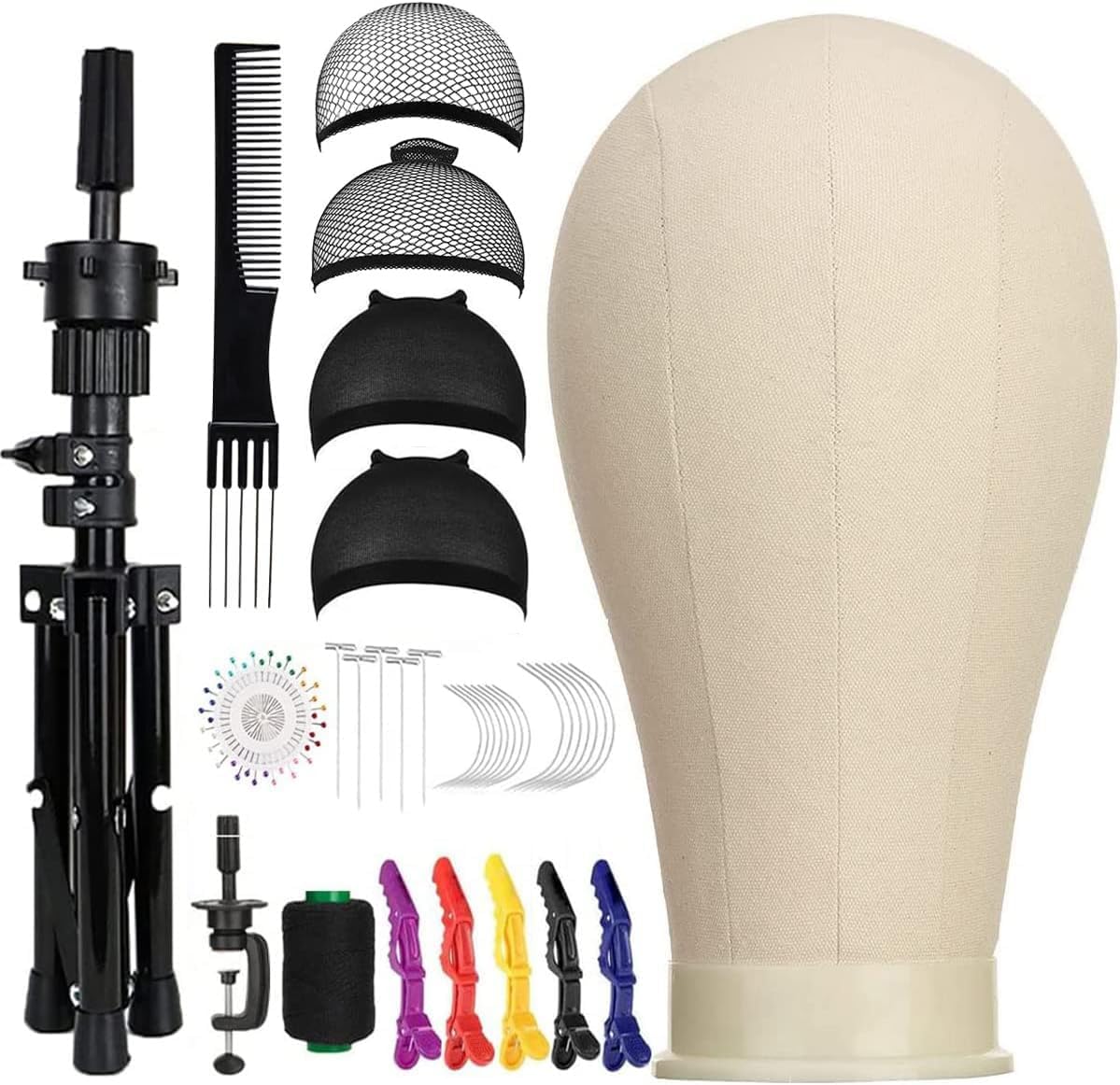 SZCY LLC 23 Inch Canvas Block Wig Head, Wig Stand Tripod with Head, Mannequin Head for Wigs, Manikin Canvas Head Block Set for Wigs Making Display with Wig Caps, T Pins C Pins Set Bristle Brush