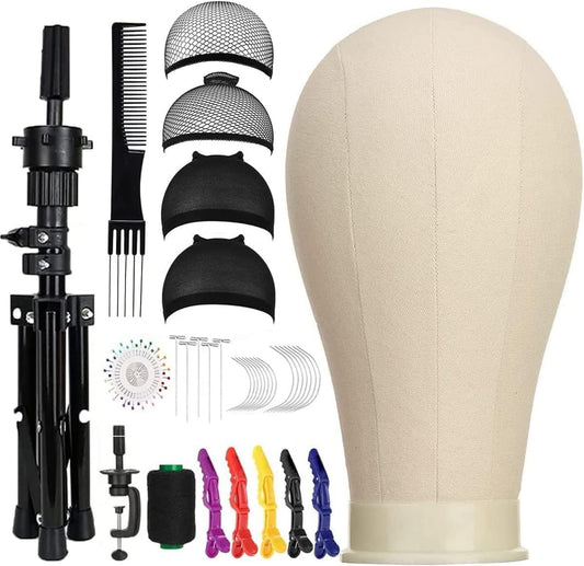 SZCY LLC 23 Inch Canvas Block Wig Head, Wig Stand Tripod with Head, Mannequin Head for Wigs, Manikin Canvas Head Block Set for Wigs Making Display with Wig Caps, T Pins C Pins Set Bristle Brush