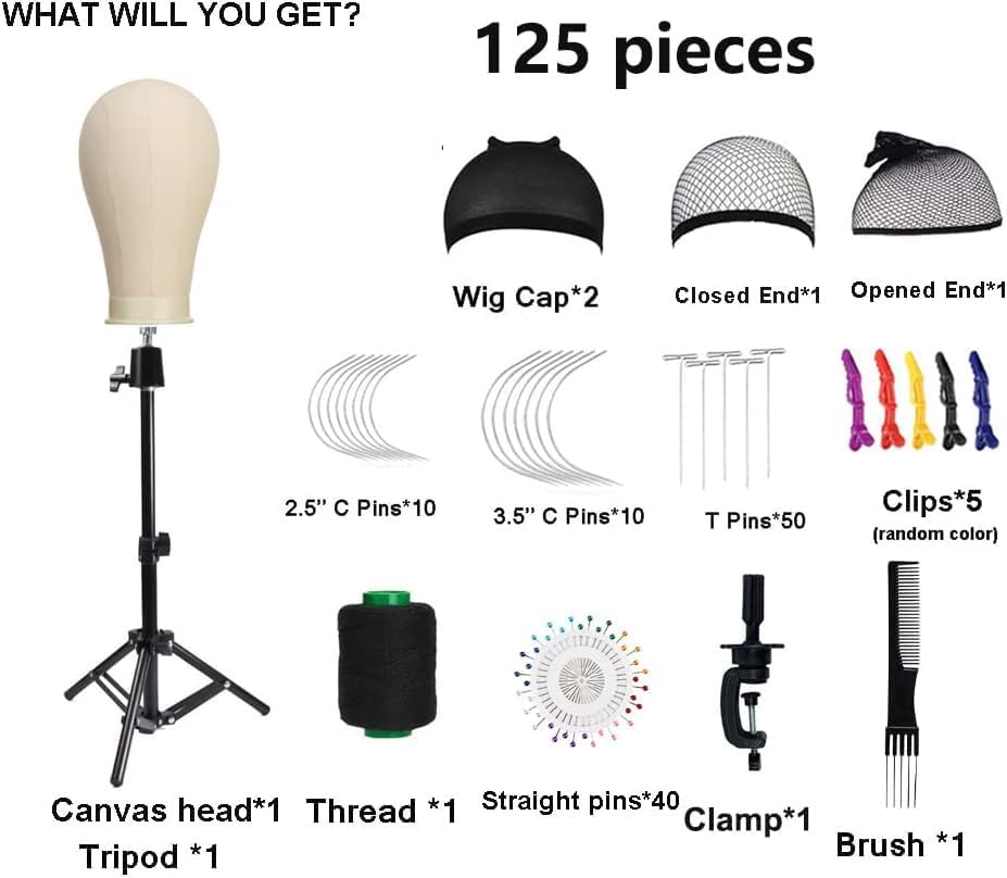 SZCY LLC 23 Inch Canvas Block Wig Head, Wig Stand Tripod with Head, Mannequin Head for Wigs, Manikin Canvas Head Block Set for Wigs Making Display with Wig Caps, T Pins C Pins Set Bristle Brush