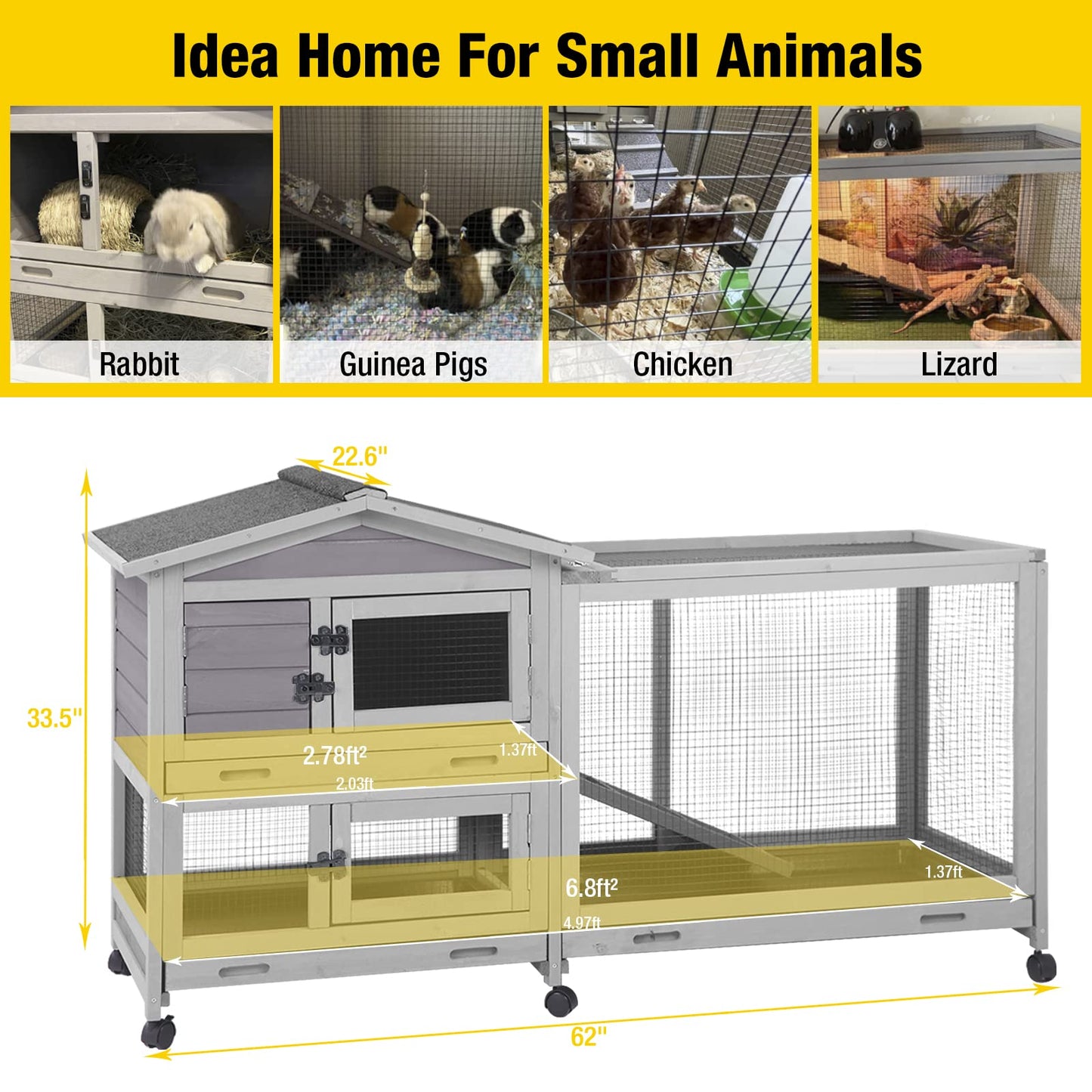 SZCY LLC Aivituvin Rabbit Hutch Indoor 62" Cage Outdoor Chicken Coop Guinea Pig Cage on Wheels Bunny Cage with 3 Deep No Leakage Pull Out Tray,Waterproof Roof