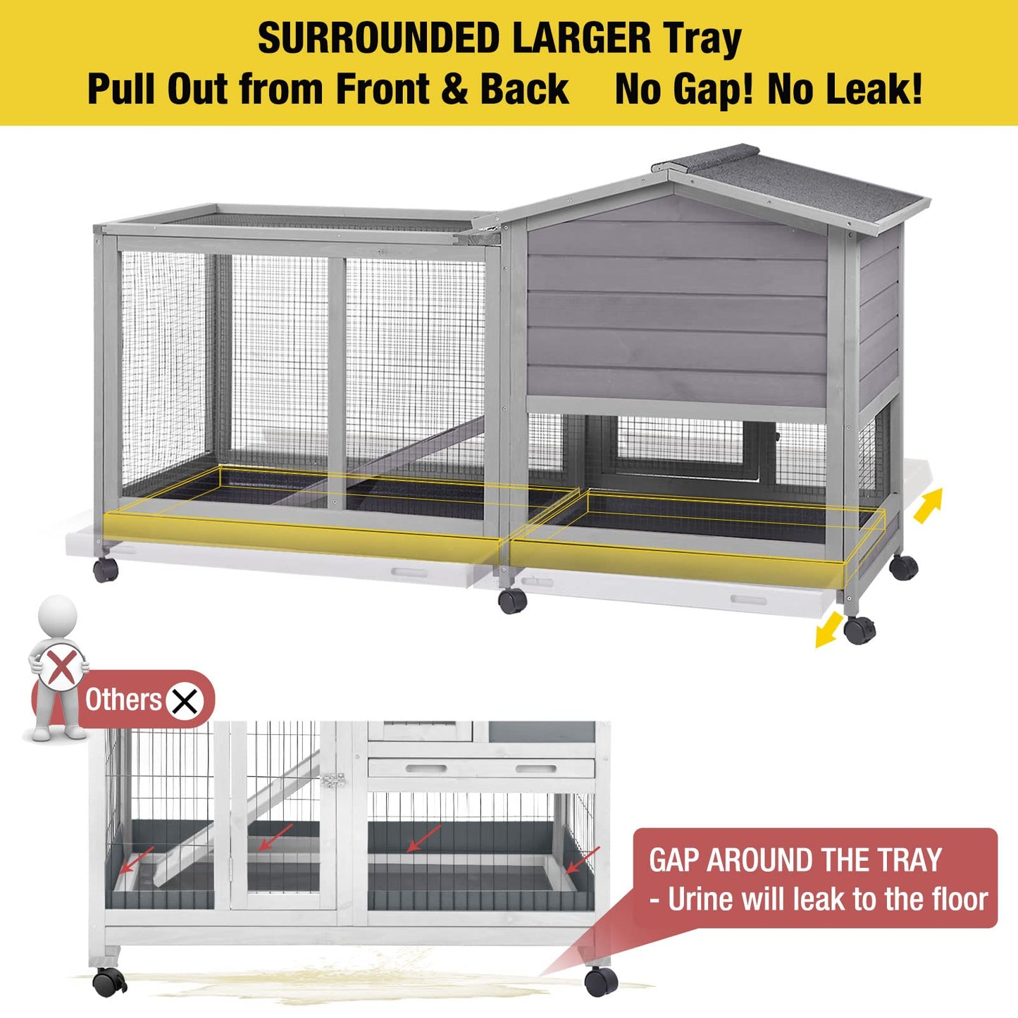 SZCY LLC Aivituvin Rabbit Hutch Indoor 62" Cage Outdoor Chicken Coop Guinea Pig Cage on Wheels Bunny Cage with 3 Deep No Leakage Pull Out Tray,Waterproof Roof