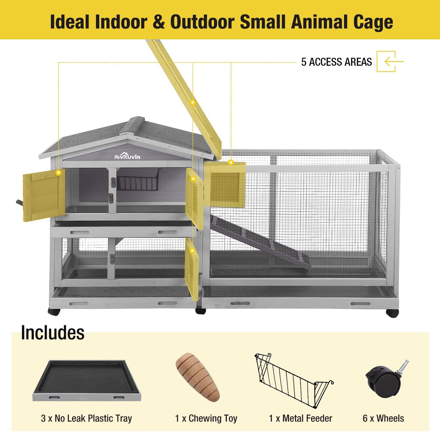 SZCY LLC Aivituvin Rabbit Hutch Indoor 62" Cage Outdoor Chicken Coop Guinea Pig Cage on Wheels Bunny Cage with 3 Deep No Leakage Pull Out Tray,Waterproof Roof